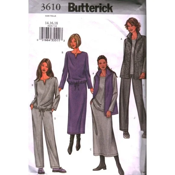 Butterick 3610 Misses Easy Vest Top Skirt Pants Sewing Pattern Size 14 16 18