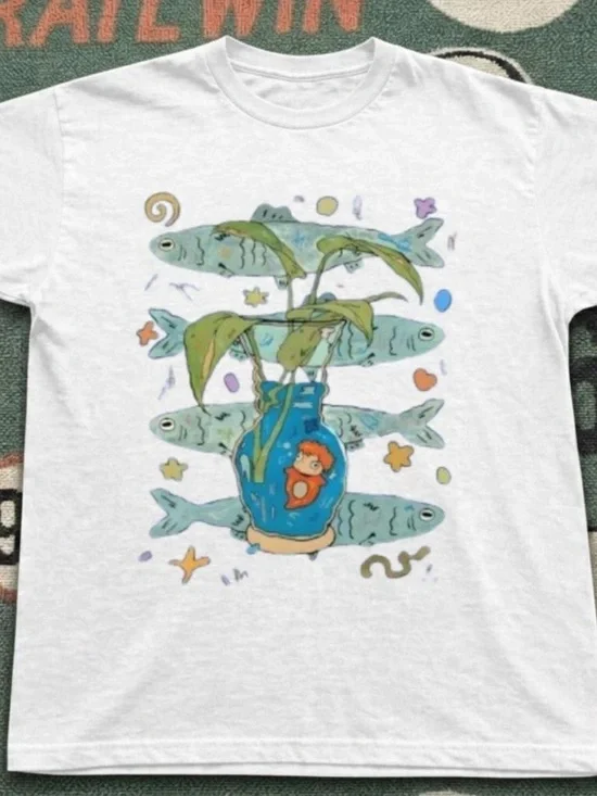 Ponyo In The Jar Vintage Graphic T-Shirt Studio Ghibli Fish Art Short Sleeve Tee
