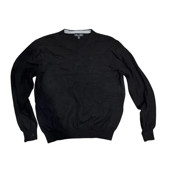 Garret‎ Scott Mens Extra Fine Merino Wool V-Neck Sweater Black Large Pullover
