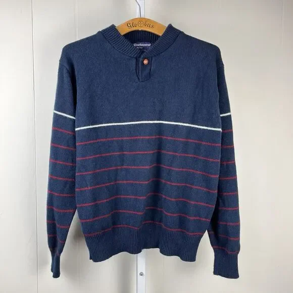 Vintage Tournament by Arrow Sweater Mens Large Navy Blue Red Stripe‎ Acrylic