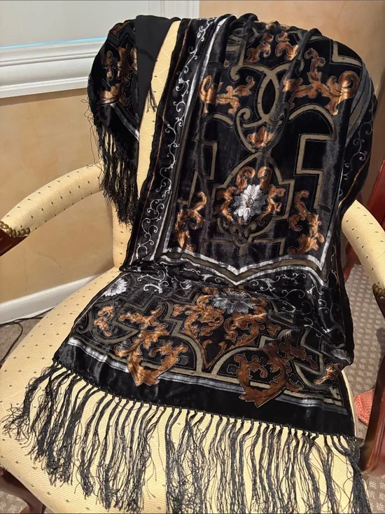 Luxurious Black and Gold Cut Velvet Scarf with Fringe