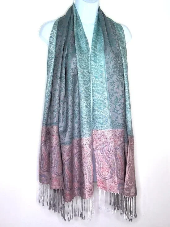 New Rose Blue & Mauve Paisley Scarf / Wrap / Shawl  Soft Large Rectangle Fringed