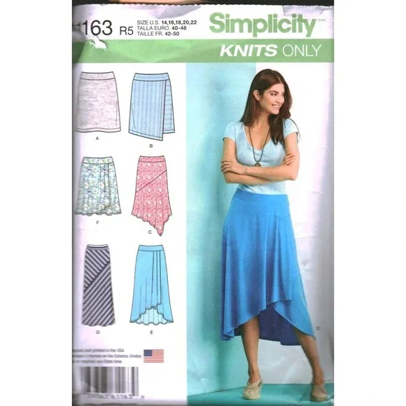 Simplicity 1163 Misses Knit Skirts Sewing Pattern Size 14-22 Asymmetric High Low