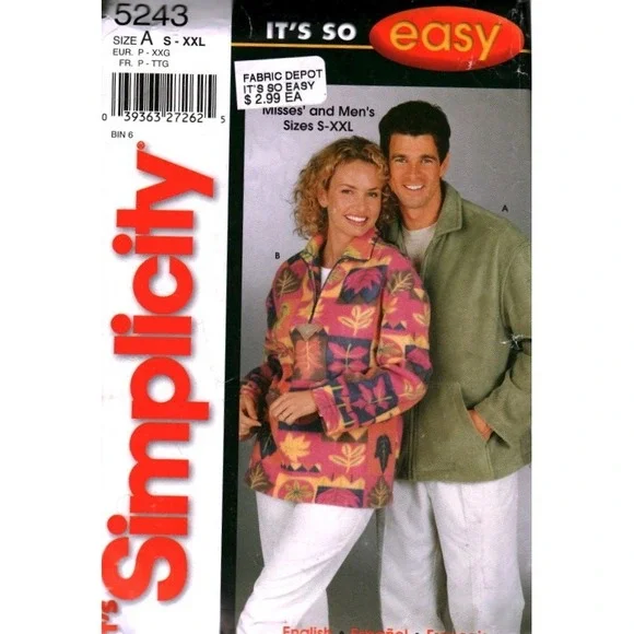 Simplicity 5243 Unisex Fleece Jacket Pullover Sewing Pattern Sizes S-L cut
