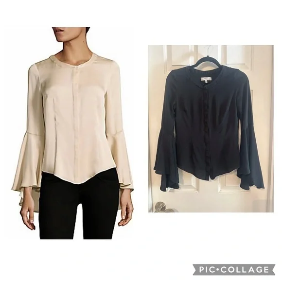Milly black stretch silk Ruthie bell sleeve blouse size 0