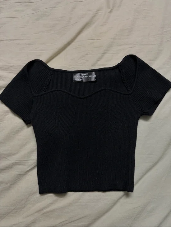 Black Ribbed Square-Neck Top