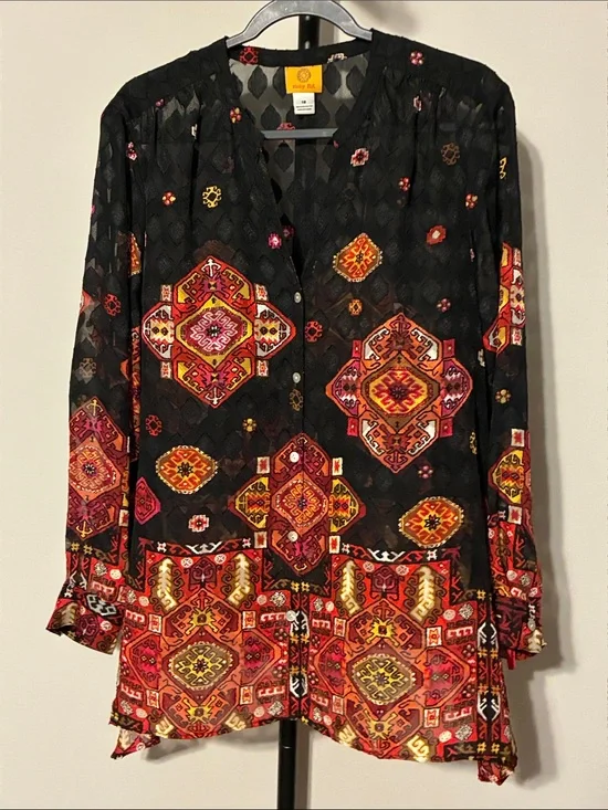 Ruby Rd. Sheer Black Tunic Top with Red, Pink & Gold Medallion Print Size 18
