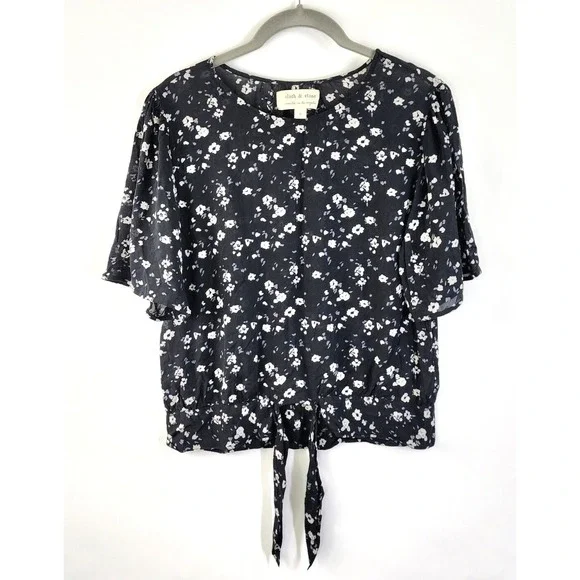 Cloth & Stone Top Women's S Floral Chic Tie Waist Crop Black White Floral