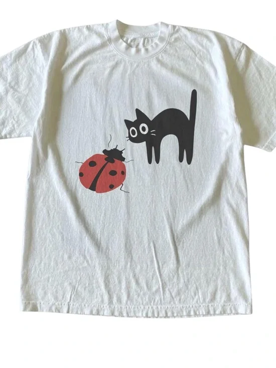 White Tee with Black Cat & Red Ladybug Graphic