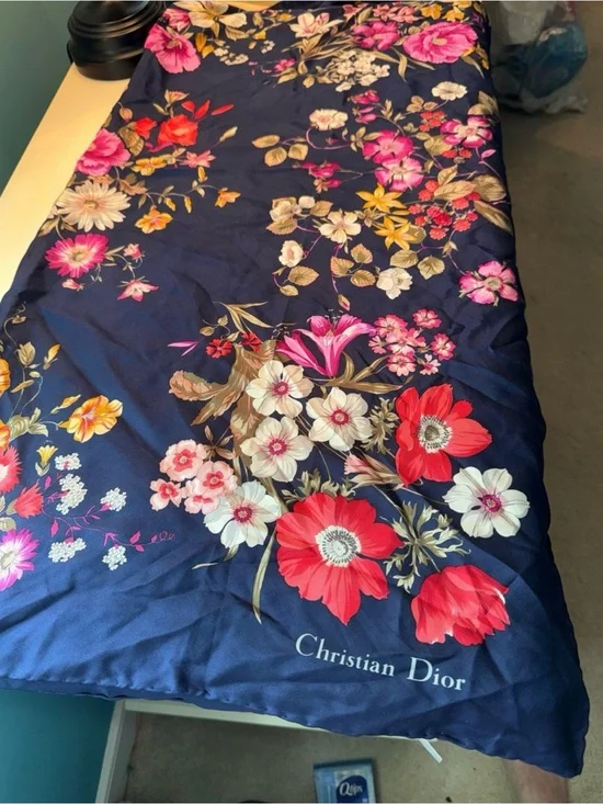 Christian Dior Rich Navy Silk Scarf with Pink, Red & Cream Blooms