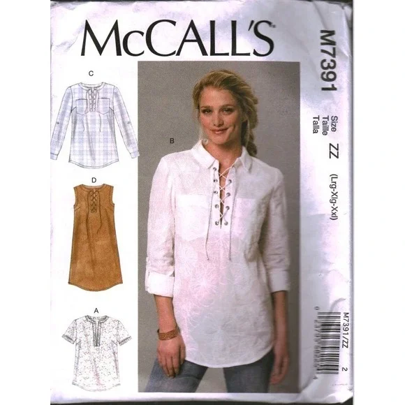 McCalls M7391 Sewing Pattern Misses Tops Dress Lace Up Tunic Size ZZ L CUT