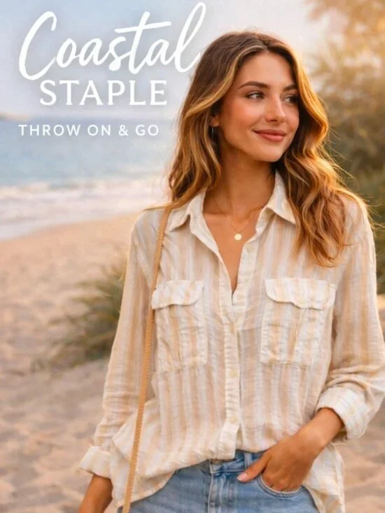 Beige Striped Button Down Shirt Lightweight Cotton Coastal Boho Oversized Top M