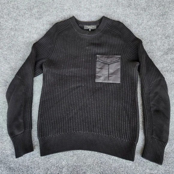 Rag & Bone Elijah Ribbed Cotton Wool Blend Sweater Black Pocket Elbow Patch S