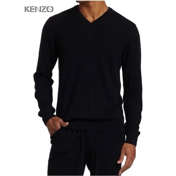 KENZO Homme Men’s Black Lightweight Silk Cashmere Blend V-Neck Basic Sweater L