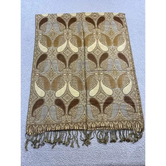 D&G Pashmina‎ Scarf Shawl Wrap Womens Brown Gold Paisley 70% Cashmere 30% Silk