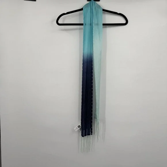 Gap Scarf Womens One Size Blue Silk Beaded‎ Fringe Rectangle Chiffon Lightweight
