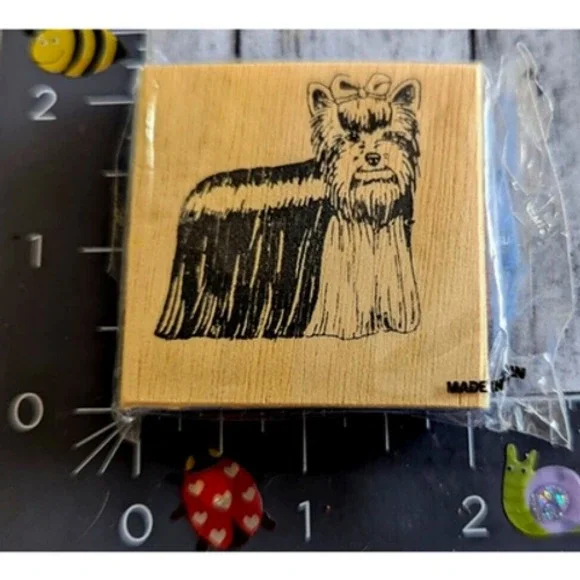 Yorkshire Terrier Dog Long Hair Bow Foam Rubber Stamp Wood #E107