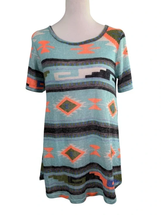 Million Bullpup Turquoise Aztec Southwestern Short Sleeve Knit Tunic Top Medium