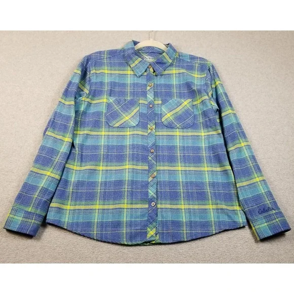 Cabela's Flannel Shirt Womens Medium M Blue Green Plaid Outdoor Hiking Button Up