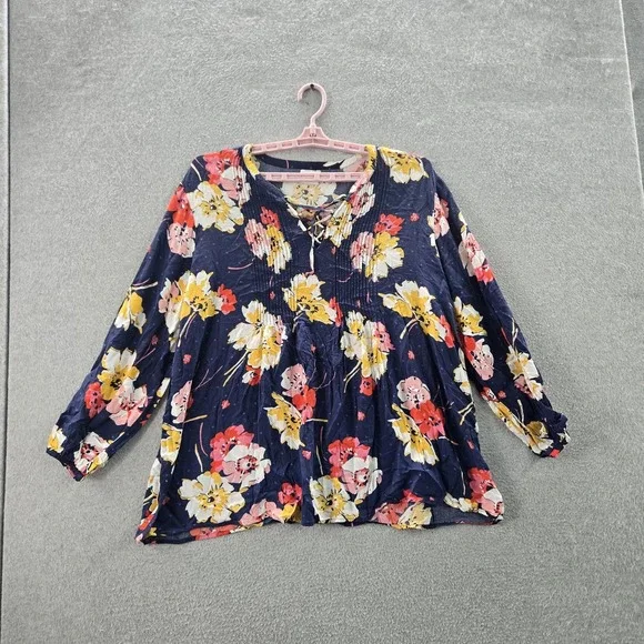Old Navy Women Blouse XXL Floral Bohemian‎ Pleated Strap V-Neck Pullover