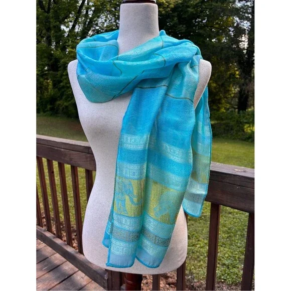 Vintage India Elephant Motif Scarf Shawl Turquoise Gold Sheer Silk Wrap