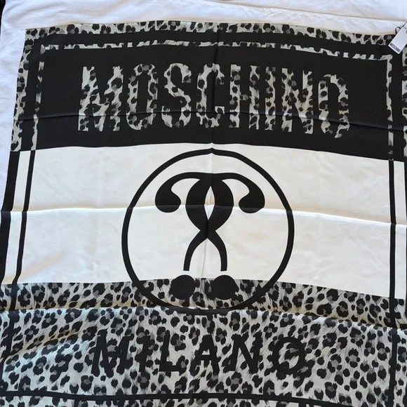 Moschino Leopard Print Silk Scarf Black and White Square NWT