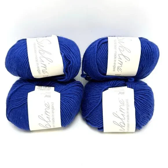 Sublime Natural Aran Yarn 100% Wool Cobalt Blue 422 Lot of 4 Skeins 50g England