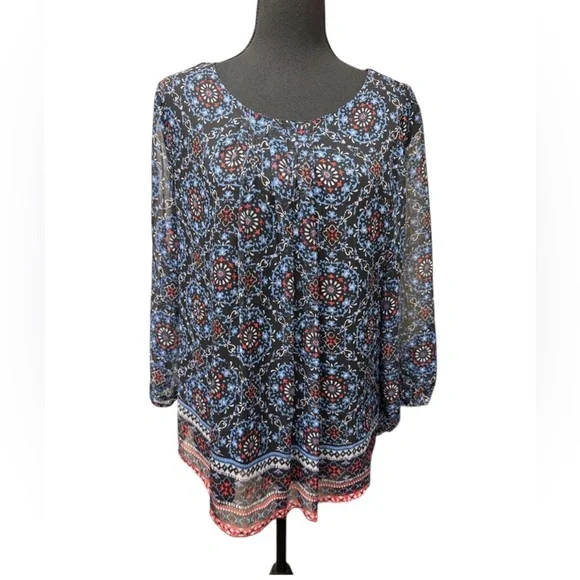 Croft & Barrow Floral Red & Blue Patterned Boho Style Tunic Top  Size L