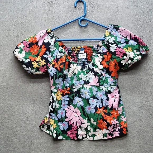 Old Navy‎ Women Blouse M Multicolor Floral Smocking Pullover Waist Defined