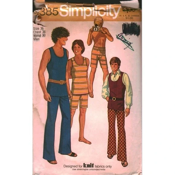 Vintage Simplicity 9385 Men Teen Boys Hip-Hugger Pant Tank Top Sewing Pattern 36
