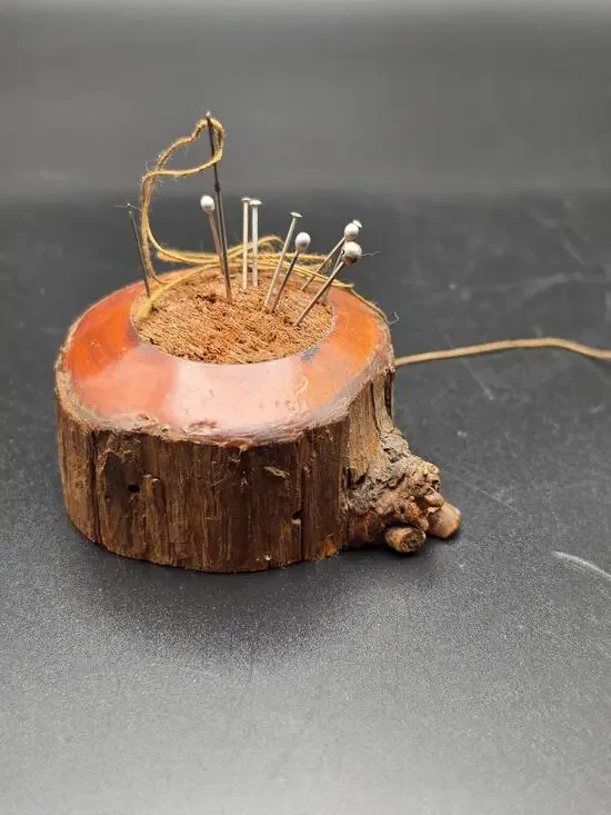 Handmade folk art tree limb needle pin keeper