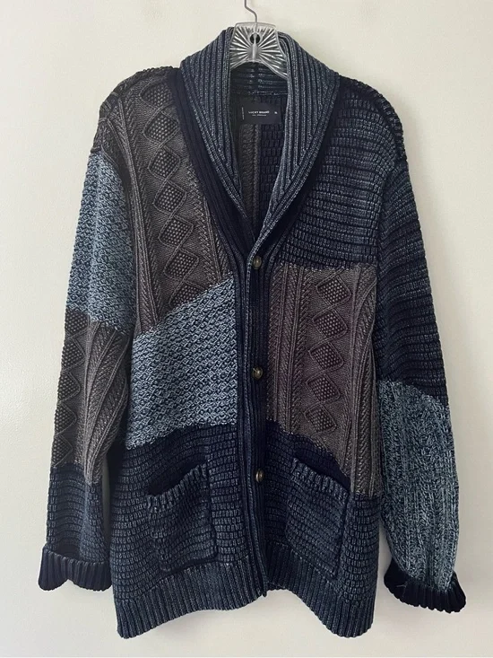 Lucky Brand Patchwork Cable Knit Chunky Shawl Cardigan Sweater Fisherman Blue XL