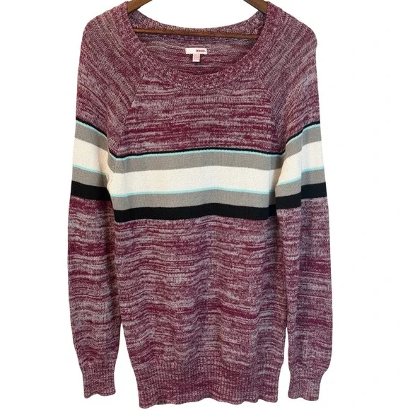 Bongo Men's Crew Neck Knit Sweater Maroon Striped 70's Collegiate Retro Size XL‎