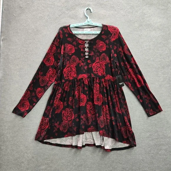 Torrid‎ Women Blouse 1X (14-16) Black Floral Babydoll Romantic NWT