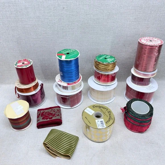 Vintage Holiday Ribbon Lot Christmas Wired Satin Metallic Plaid 15+ Spools