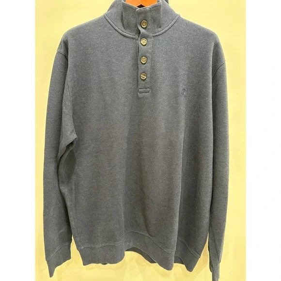 Brooks Brothers Mens XXL Navy Blue Cotton Pique Mock Neck 1/4 Button Sweatshirt