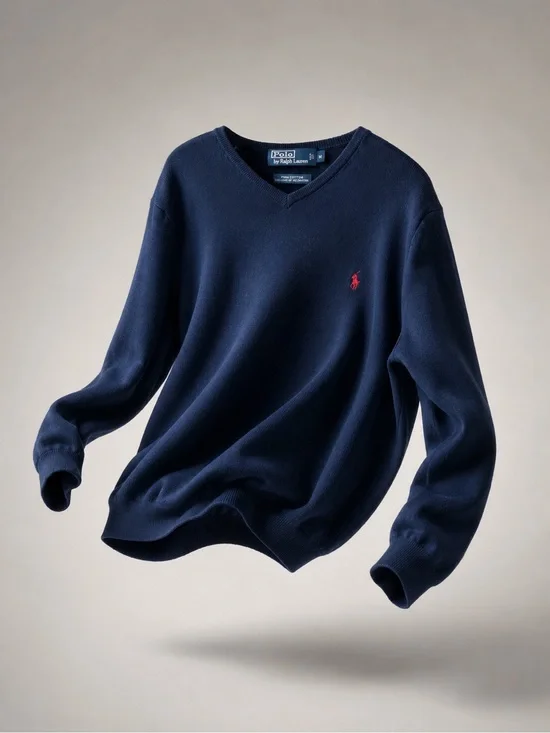 Ralph Lauren Navy V-Neck Cotton Sweater with Red Pony