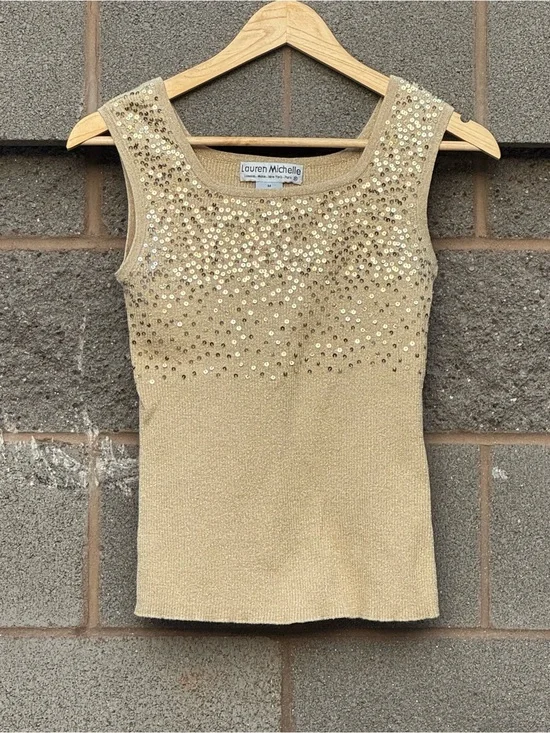 Women’s Vintage Y2K Lauren Michelle Gold Metallic Knit Sequins Tank Top Medium