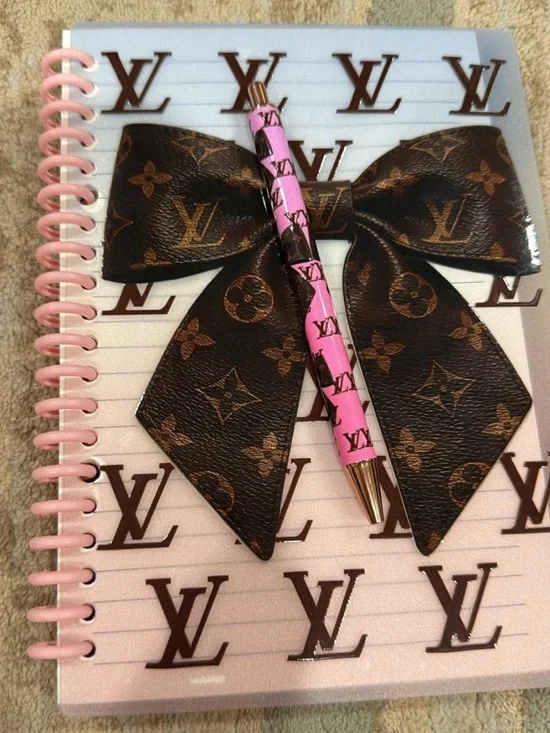 Designer-Inspired Pink & Brown Bow Pen and Ombre Notebook Set Refillable