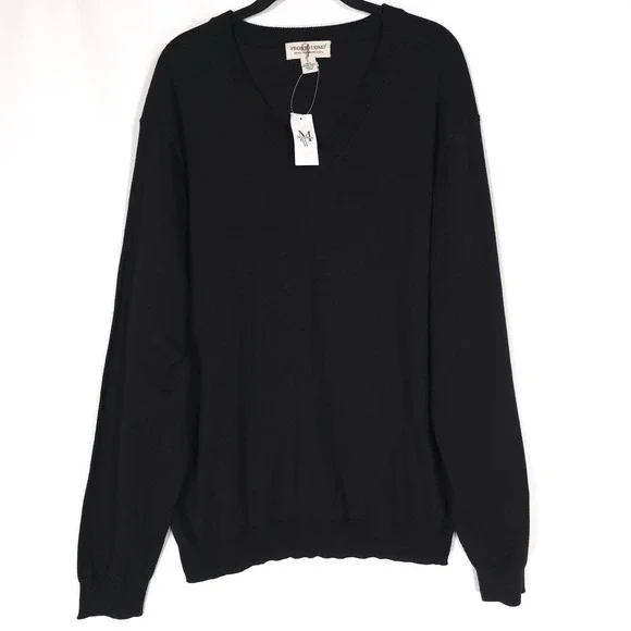 PRONTO UOMO Men's Sweater LARGE Black EXTRA FINE MERINO WOOL V-neck‎ Pullover
