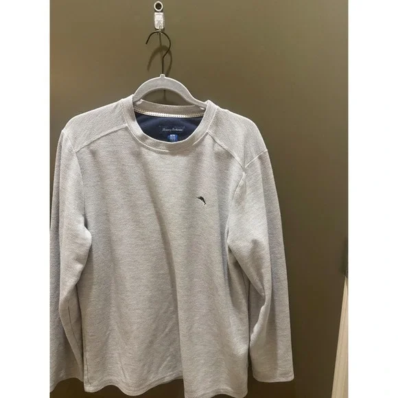 Tommy Bahama Mens Waffle Knit Pullover Light Gray Long Sleeve Marlin Logo Medium