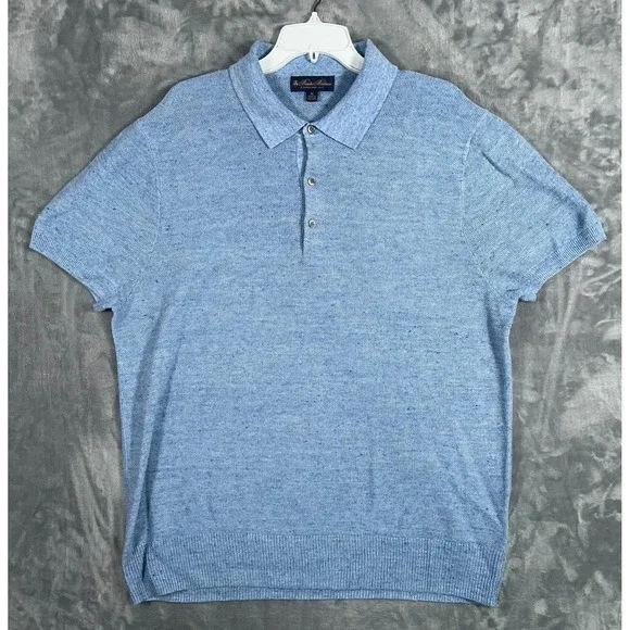 Brooks Brothers 100% Linen Sweater Polo Mens XL Blue Short Sleeve Pullover Knit