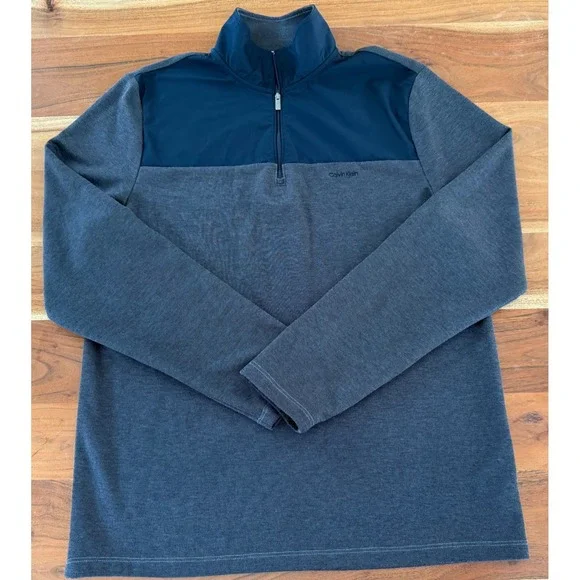 Calvin Klein Mens Quarter Zip Pullover Heather Grey Navy Blue Small Mock Neck
