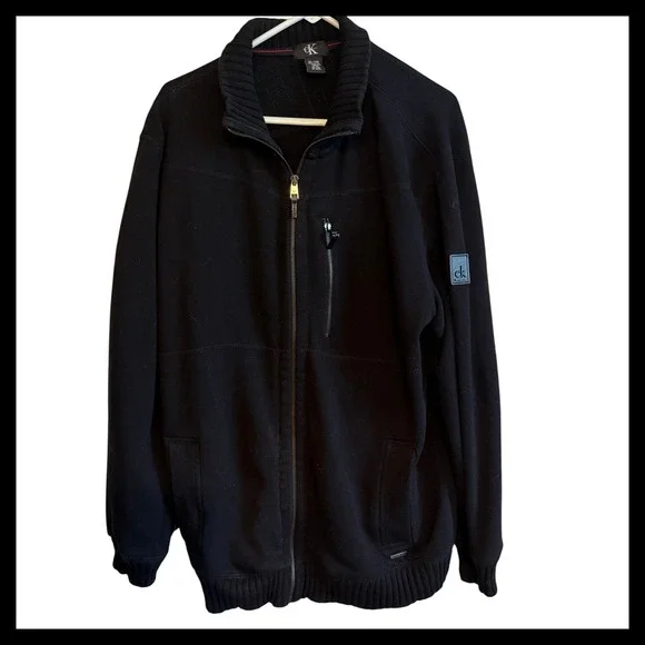 Calvin Klein Mens XL Full Zip Black Knit Mock Neck Sweater Cardigan