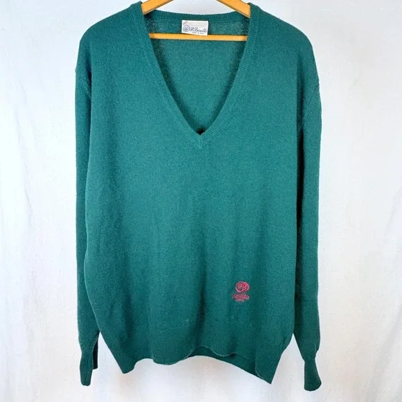Vtg P Beretta Sport Men Green Embroidered Logo V-Neck Sweater Italy L Academia