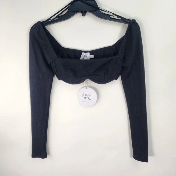 Princess Polly Top Women's 2 Becca Wired Square Neckline Black Crop Top