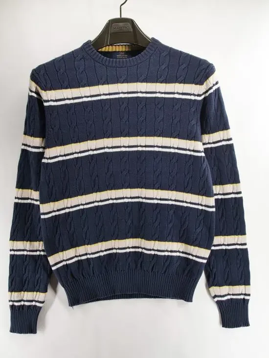 Brooks Brothers 346 Men's S Navy White Yellow Striped Cable Knit Crewneck Supima