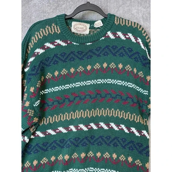 River Trader Green Geometric Pattern Cotton Sweater Mens Size‎ L Vintage Retro