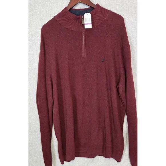 Nautica Men's 2XL Sweater‎ Pullover Burgundy 1/4 Zip Mock Neck Long Sleeve NEW