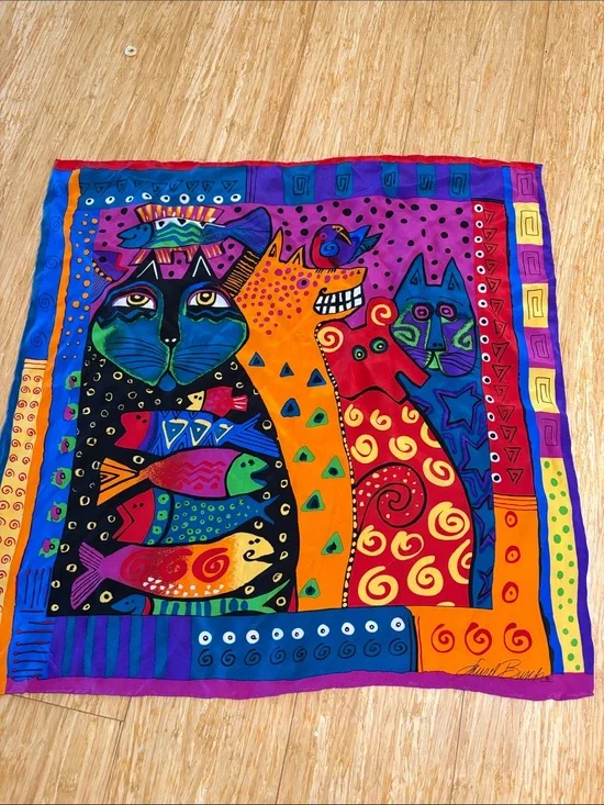 Vintage Laurel Burch Colorful Cat Fish Square Silk Scarf cat lover 90s artsy